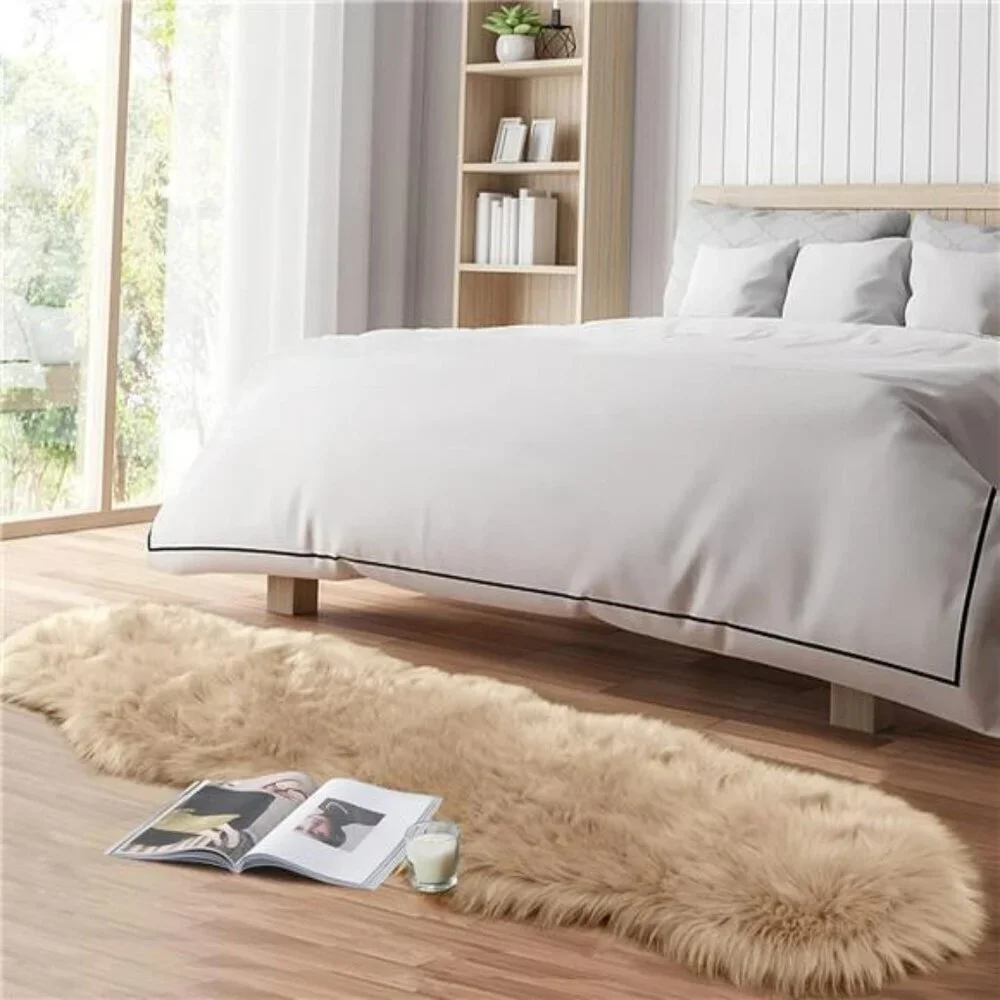 Faux Fur Runner Rug 2x6ft Beige Fluffy Shag Carpet for Bedroom Couch Nursery